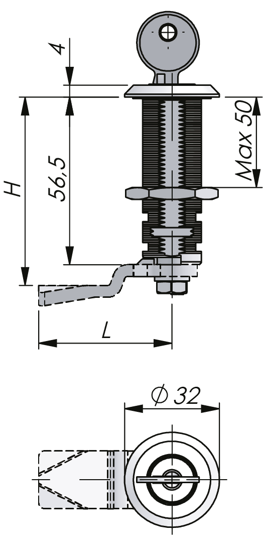 Cerradura de cuarto de vuelta con cilindro de llave - 56.5 mm