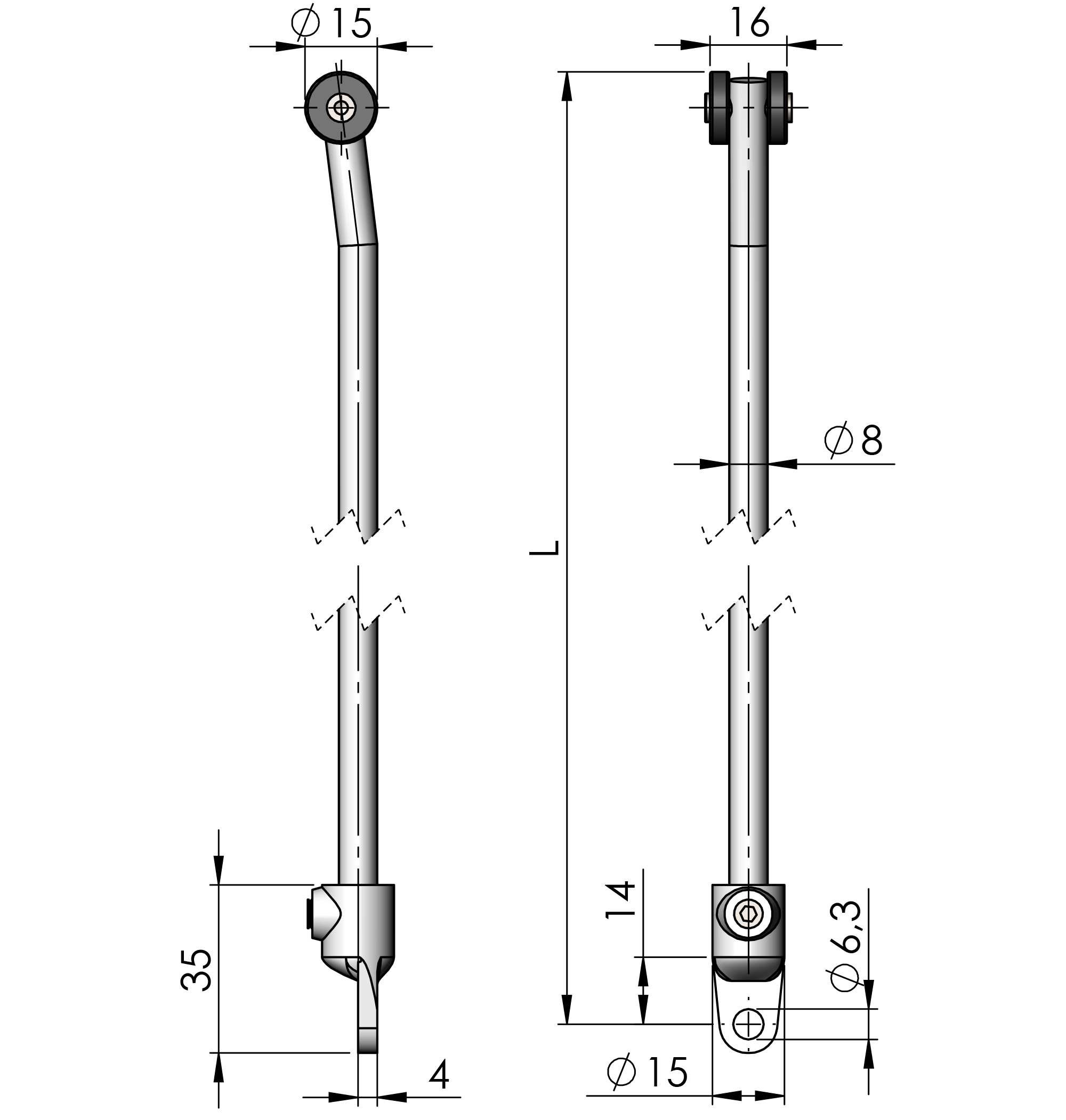 Round Rods for adapters 15 mm rollers (R) SS 304 Round Rods for adapters 15 mm rollers (R) SS 304