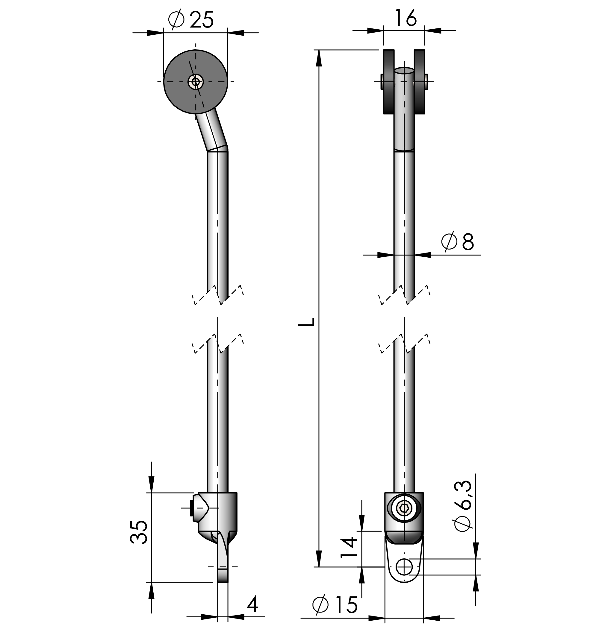 Round Rods for adapters 25 mm rollers (R) SS 304 Round Rods for adapters 25 mm rollers (R) SS 304