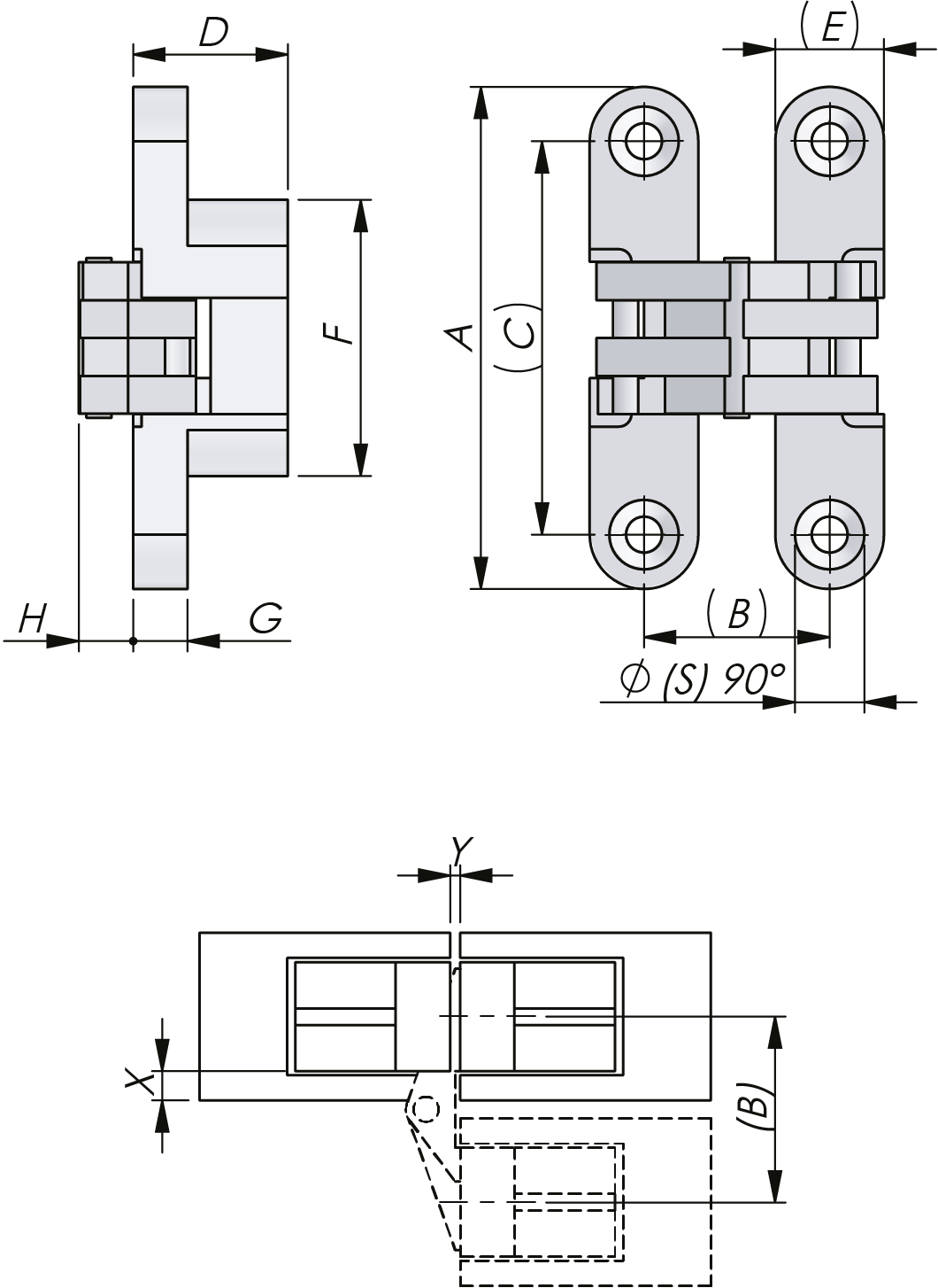 Bisagra oculta empotrada 180°