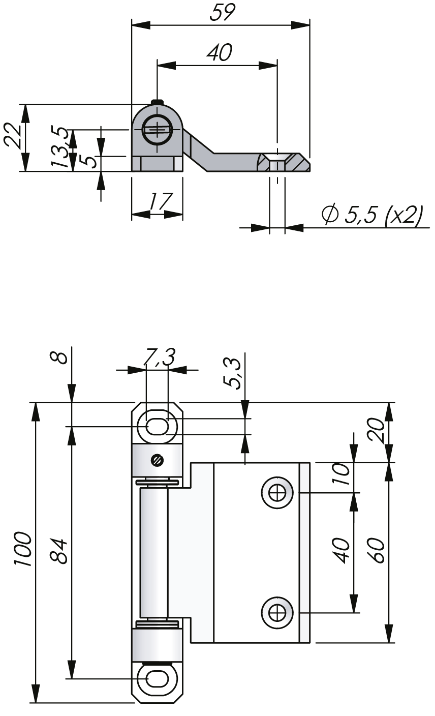 Bisagra 2D externa ajustable 180°