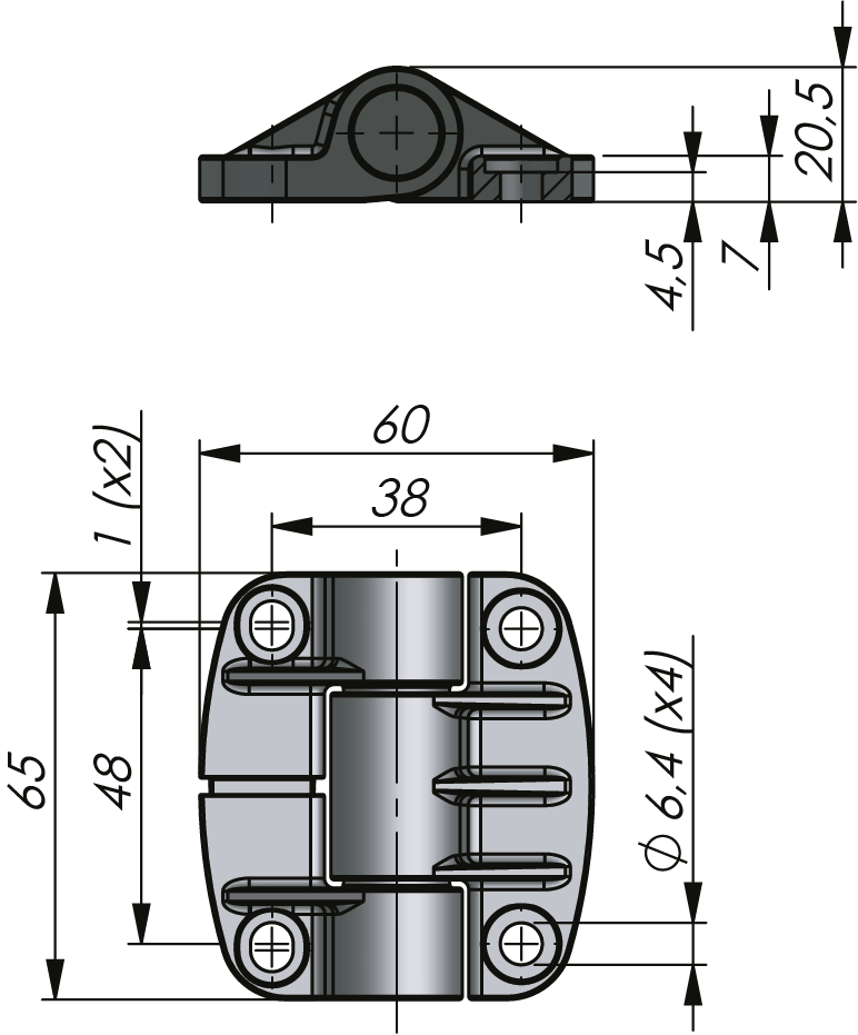 Bisagra de fricción externa 65x60mm 180° Bisagra de fricción externa 65x60mm 180°