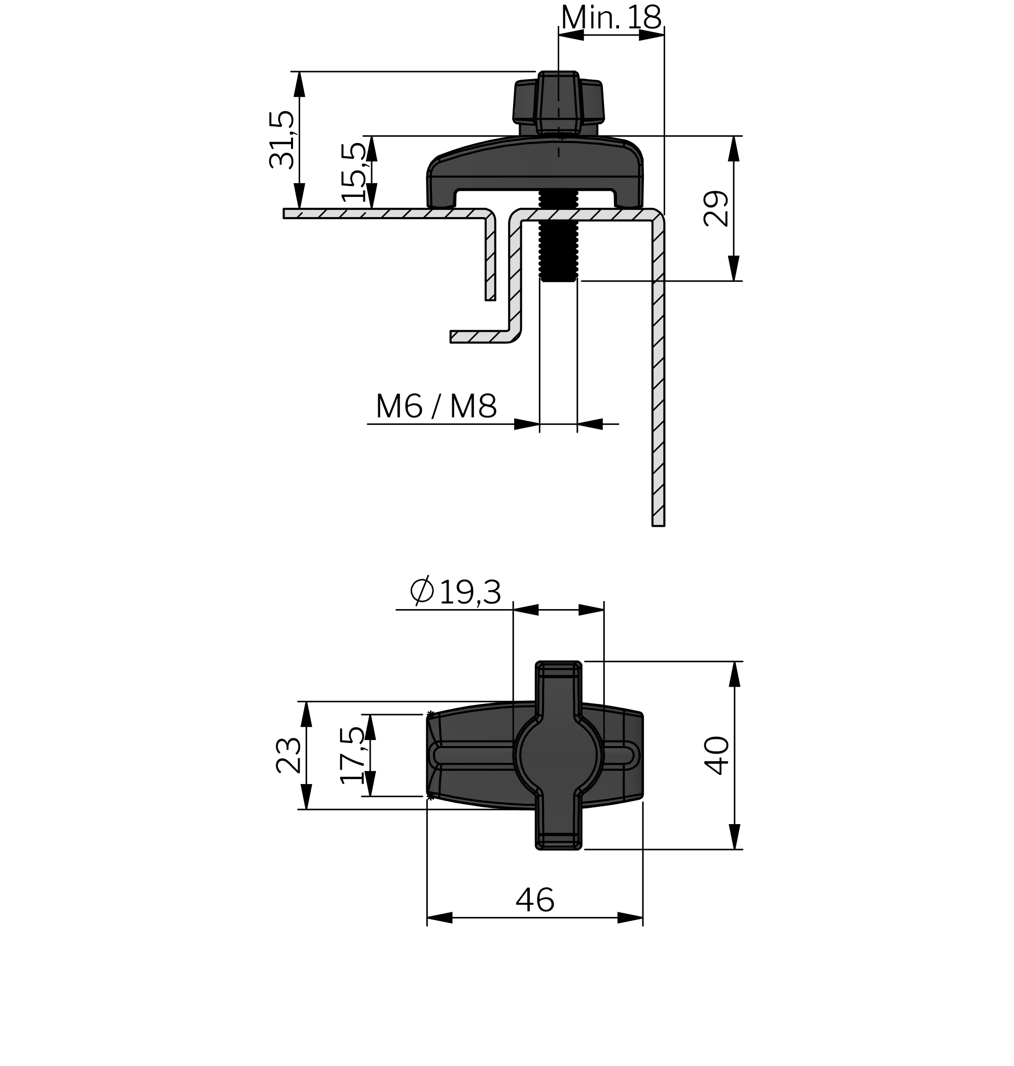 Abrazadera de puente Klima-flex con perilla de mariposa