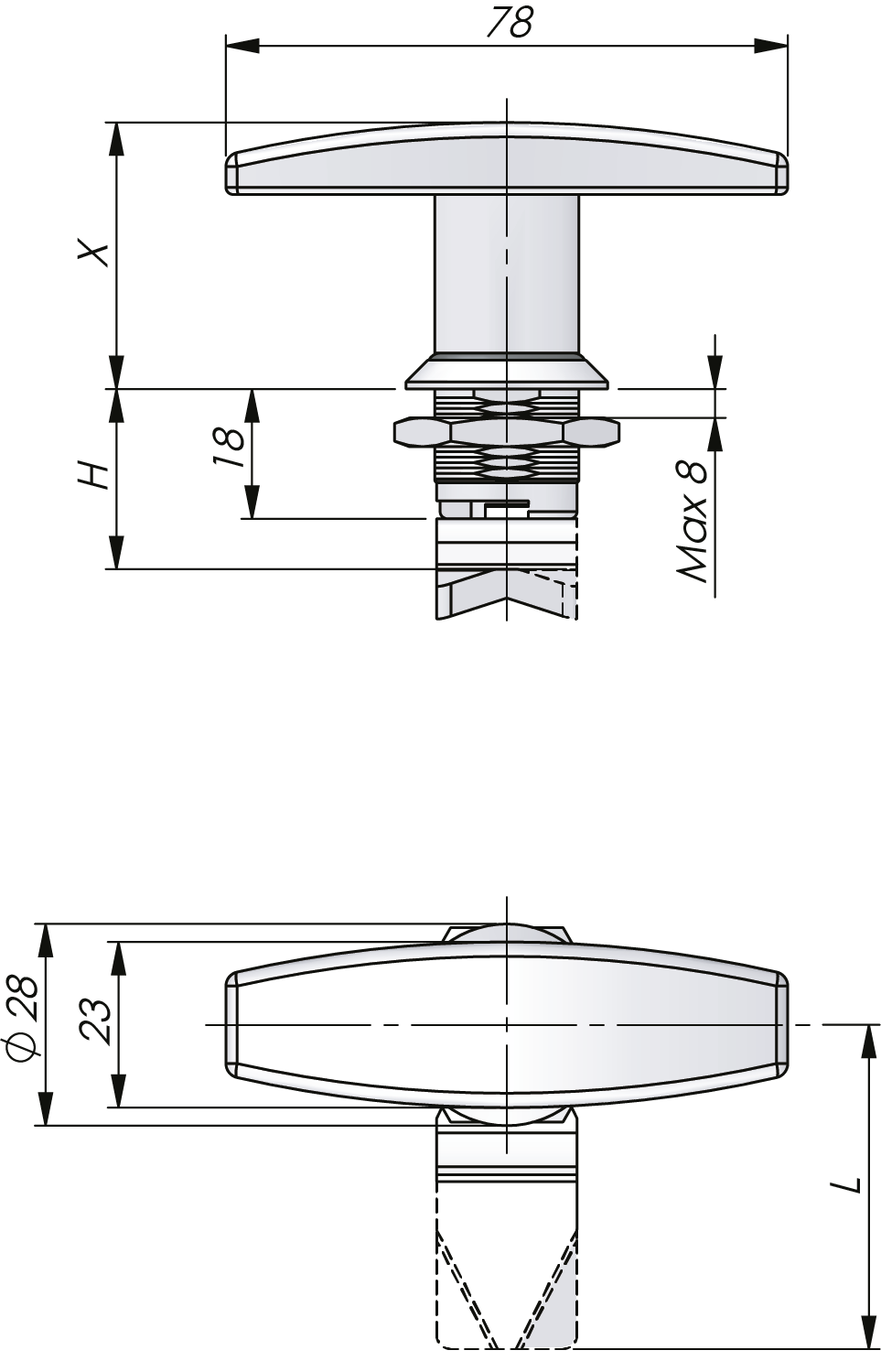 Quarter-turn T-handle Stainless Steel 18 mm Quarter-turn T-handle Stainless Steel 18 mm