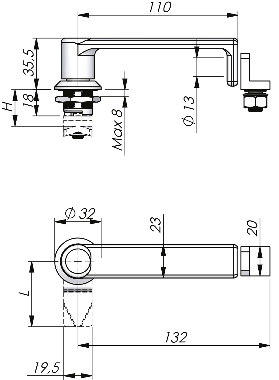 Quarter-turn L-handle Stainless Steel 18 mm Quarter-turn L-handle Stainless Steel 18 mm