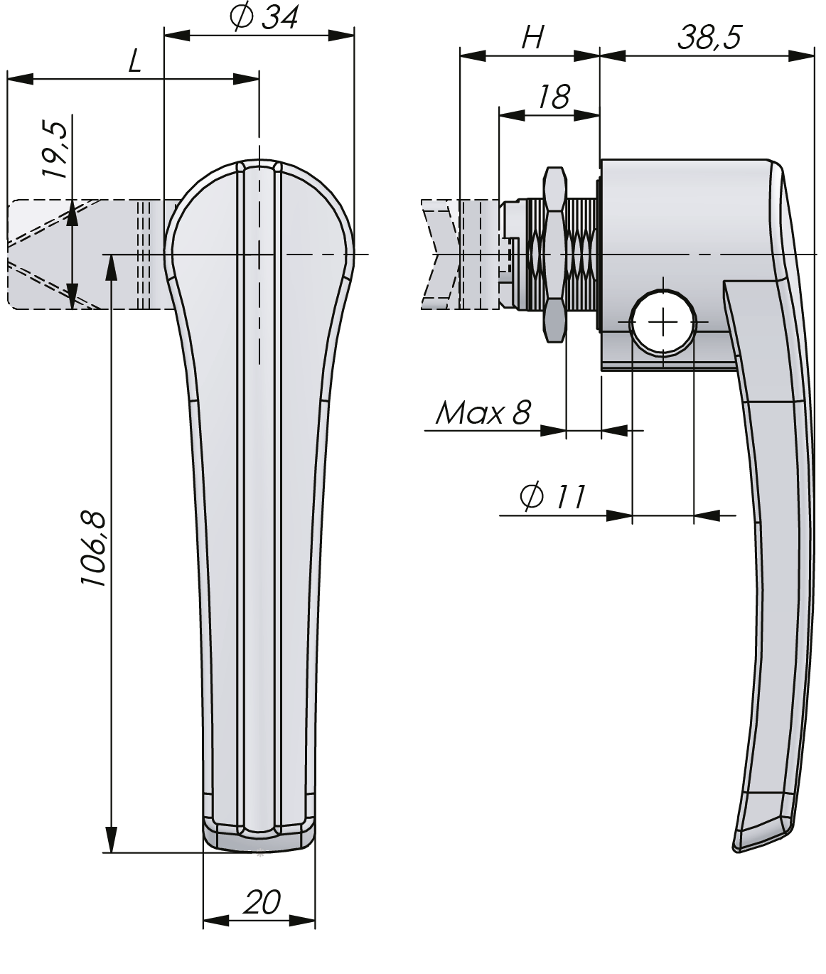 Quarter-turn L-handle Stainless Steel 18 mm Quarter-turn L-handle Stainless Steel 18 mm